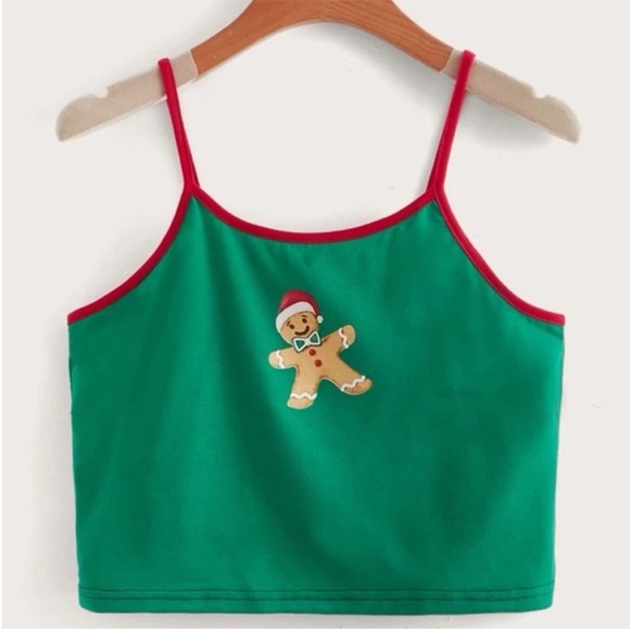 NWT Gingerbread man Christmas tank crop top green with red straps - Picture 4 of 8